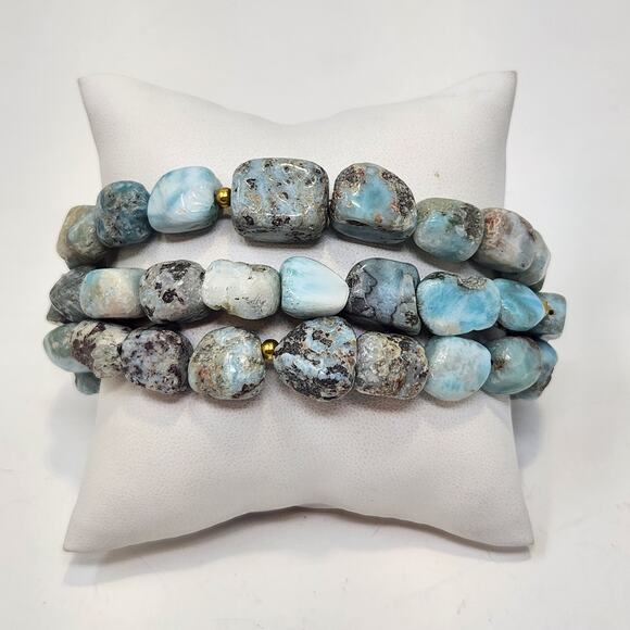 Stauer Larimar Tumbled Bead Triple Strand Bracelet Gold Tone Clasp Adjustable - Picture 1 of 5